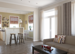 Design of a living room combined with a kitchen and access to the terrace