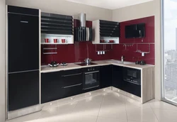 Photos of corner kitchens with built-in appliances and counter