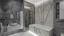 Photo of a bathtub made of concrete and wood tiles