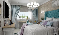 Turquoise gray bedroom interior photo