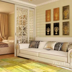 Design of bedroom and living room in one 14 sq.m.
