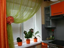 Orange kitchen in the interior photo with which curtains