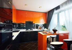 Orange kitchen in the interior photo with which curtains