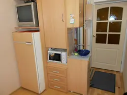 Dorm room design with kitchen and hallway