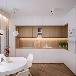 Açıq rənglərdə müasir üslubda künc mətbəxinin daxili hissəsi