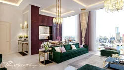 Emerald sofa in the interior of the kitchen living room