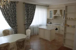 Interior of curtains in the kitchen with two windows