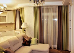 Interior of curtains in the kitchen with two windows