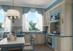 Interior of curtains in the kitchen with two windows