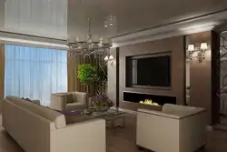Интерьер зала с камином в квартире 18 кв м