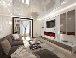 Interior of a living room with a fireplace in an apartment of 18 sq m