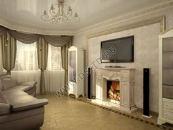 Интерьер зала с камином в квартире 18 кв м