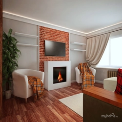 Interior Of A Living Room With A Fireplace In An Apartment Of 18 Sq M