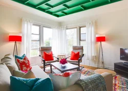 Living room interior with green ceiling