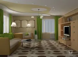 Интерьер гостиной с зеленом потолком