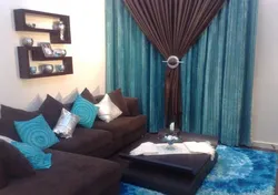 Brown living room interior what kind of curtains