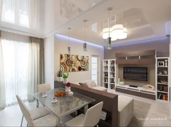 Design of suspended ceilings in the living room combined with the kitchen in the house