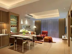 Design of suspended ceilings in the living room combined with the kitchen in the house