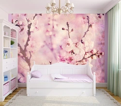 Sakura wallpaper in the bedroom interior