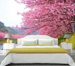 Sakura wallpaper in the bedroom interior