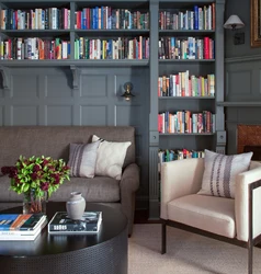 Living room design with bookshelves