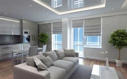 Panoramik pəncərələr dizayn foto ilə mətbəx qonaq otağı