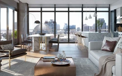 Kitchen living room with panoramic windows design photo