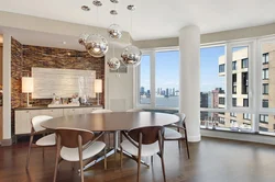 Kitchen living room with panoramic windows design photo