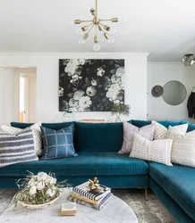 Turquoise sofa in the living room interior