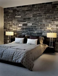 Bedroom Interior With Stone On The Wall