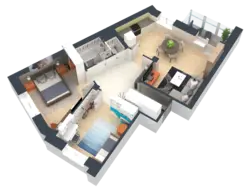Euro three-room apartment design with kitchen living room