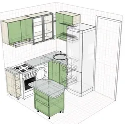 Kitchen design in Khrushchev with a gas water heater and a washing refrigerator