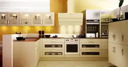 Beige household appliances in the kitchen interior