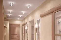 Suspended ceiling in the hallway design photo with lamps