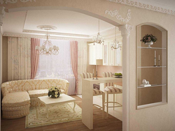 Kitchen With An Arch To The Living Room In The Apartment Photo