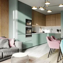 Müasir üslubda mətbəx qonaq otağı dizaynı 24 kv m