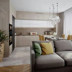 Müasir üslubda mətbəx qonaq otağı dizaynı 24 kv m