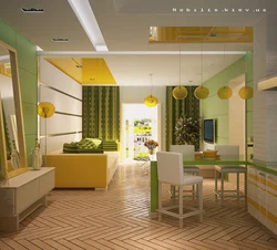 Yellow kitchen living room interior