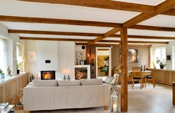 Wooden ceiling in the interior of the apartment