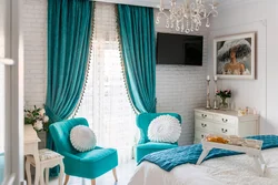 Turquoise curtains in the bedroom interior photo