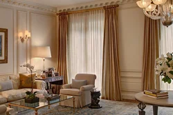 Design of curtains and wallpaper in the living room
