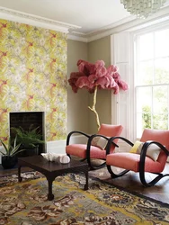 Flower wallpaper in the living room interior