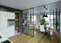 Glass partition in the living room interior
