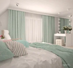 Mint curtains in the bedroom interior