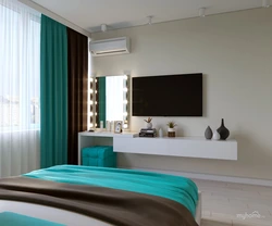 Mint curtains in the bedroom interior