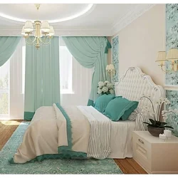 Mint curtains in the bedroom interior