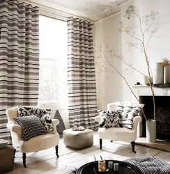Curtains with a pattern in the living room interior