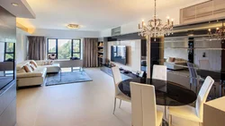 Interior living room kitchen with large windows