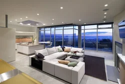 Interior living room kitchen with large windows