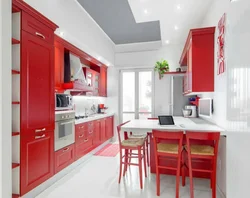 Red and white kitchen interior photo